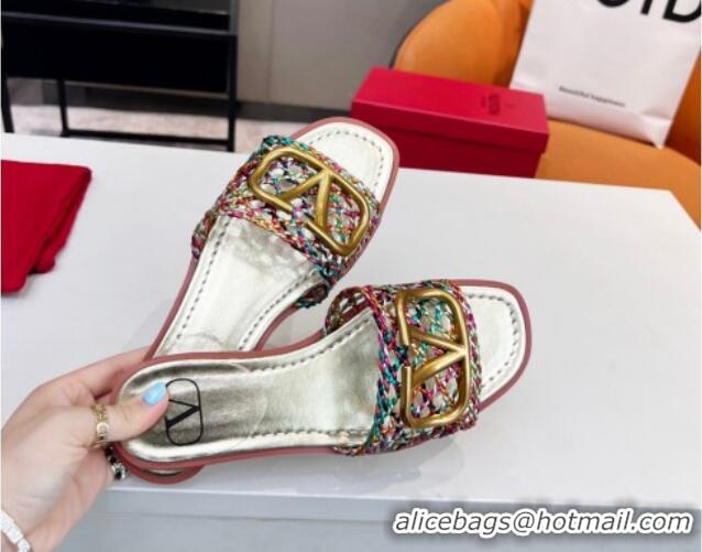 Best Grade Valentino VLogo Flat Slide Sandals in Woven Leather Multicolor 2052659