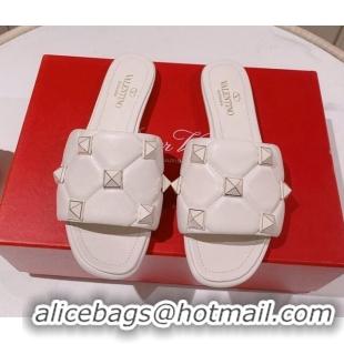 Low Cost Valentino Roman Stud Flat Slide Sandals White 2062296