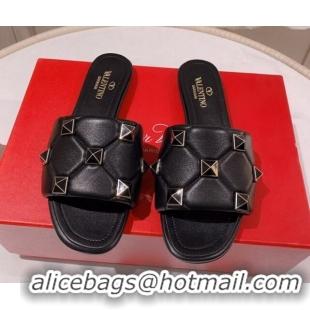 Good Looking Valentino Roman Stud Flat Slide Sandals Black 062298