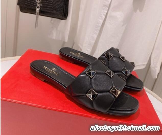 Good Looking Valentino Roman Stud Flat Slide Sandals Black 062298