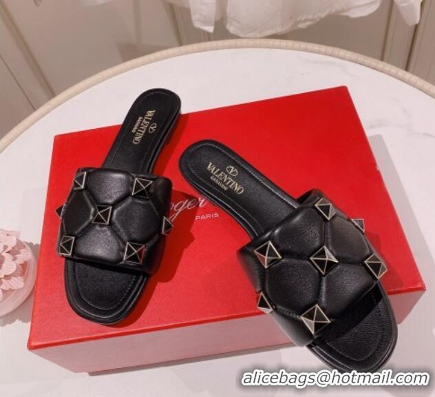 Good Looking Valentino Roman Stud Flat Slide Sandals Black 062298