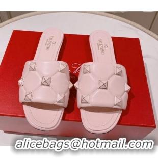 Top Design Valentino Roman Stud Flat Slide Sandals Light Pink 062299