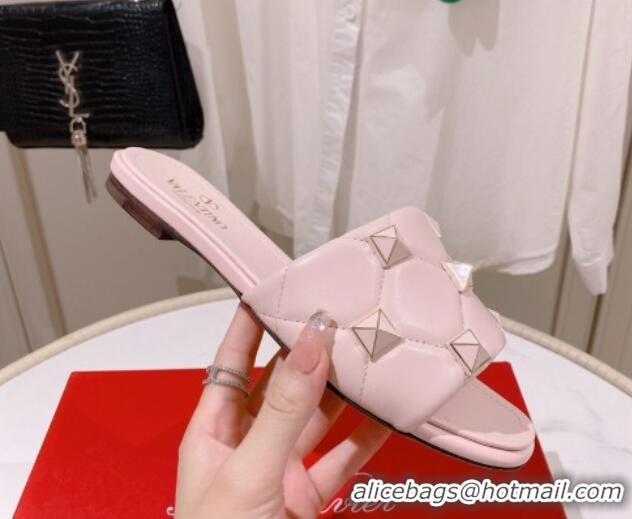 Top Design Valentino Roman Stud Flat Slide Sandals Light Pink 062299