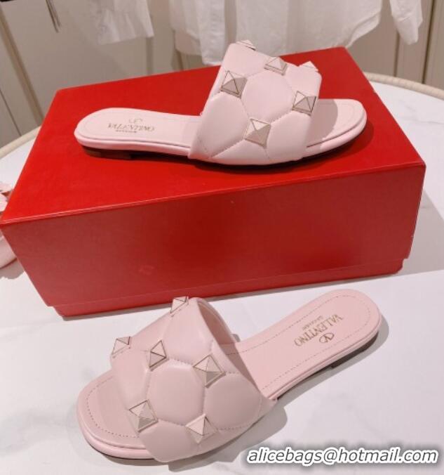 Top Design Valentino Roman Stud Flat Slide Sandals Light Pink 062299