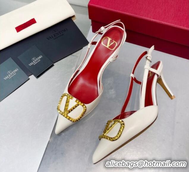 Cheap Price Valentino VLogo Rockstud Calfskin Slingback Pumps White/Gold 622100