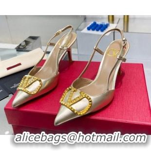 Sumptuous Valentino VLogo Rockstud Calfskin Slingback Pumps Light Gold 622104