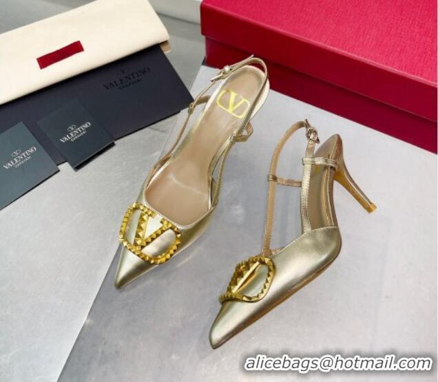 Sumptuous Valentino VLogo Rockstud Calfskin Slingback Pumps Light Gold 622104