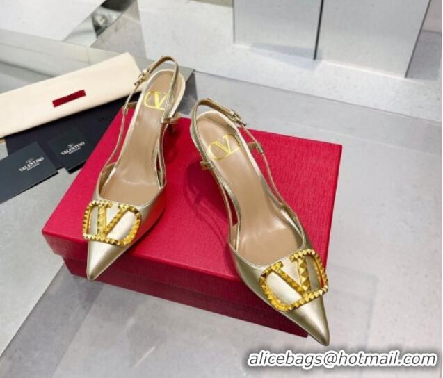 Sumptuous Valentino VLogo Rockstud Calfskin Slingback Pumps Light Gold 622104