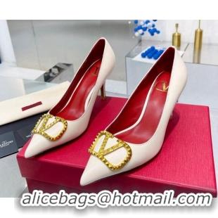 Top Grade Valentino VLogo Rockstud Calfskin Pumps White 0622105