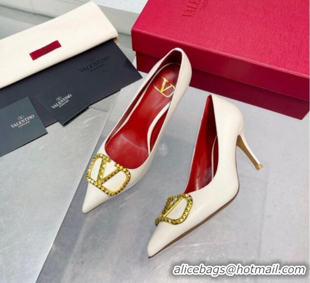 Top Grade Valentino VLogo Rockstud Calfskin Pumps White 0622105