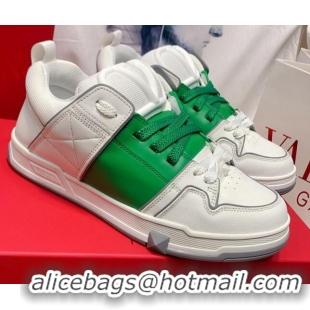 Discount Valentino One Stud Calfskin Sneakers with Stripe White/Green 0622108