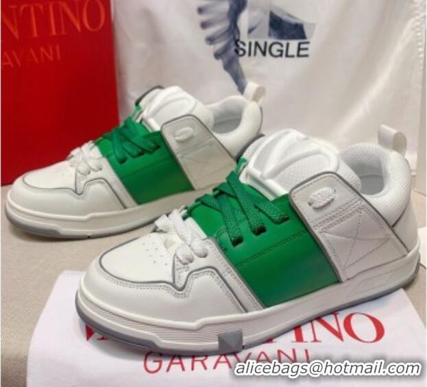 Discount Valentino One Stud Calfskin Sneakers with Stripe White/Green 0622108