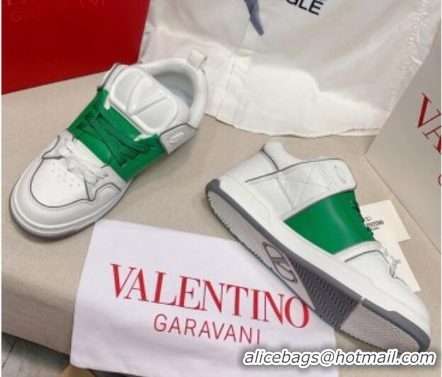 Discount Valentino One Stud Calfskin Sneakers with Stripe White/Green 0622108