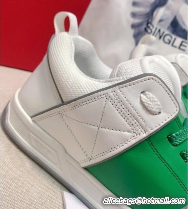 Discount Valentino One Stud Calfskin Sneakers with Stripe White/Green 0622108