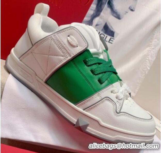 Discount Valentino One Stud Calfskin Sneakers with Stripe White/Green 0622108