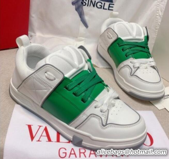 Discount Valentino One Stud Calfskin Sneakers with Stripe White/Green 0622108