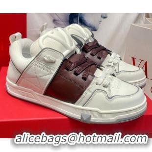 Popular Style Valentino One Stud Calfskin Sneakers with Stripe White/Brown 0622109