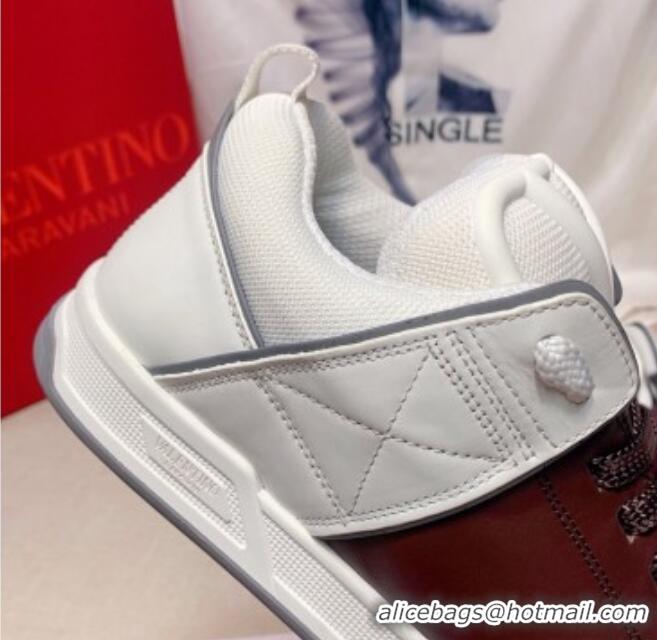 Popular Style Valentino One Stud Calfskin Sneakers with Stripe White/Brown 0622109