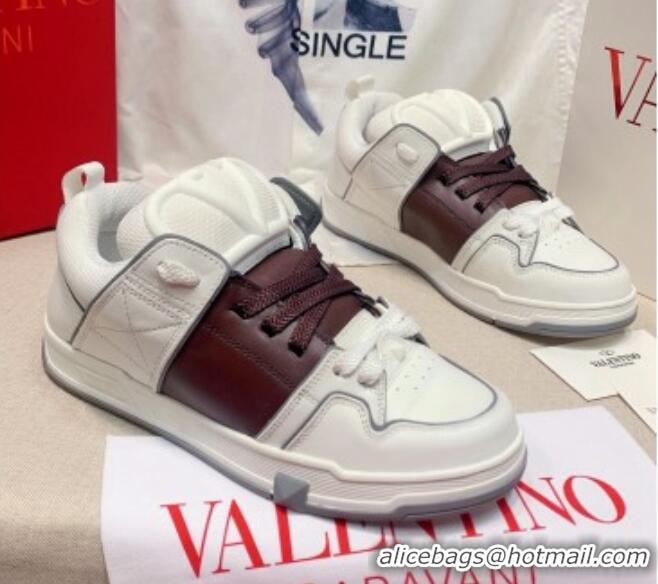 Popular Style Valentino One Stud Calfskin Sneakers with Stripe White/Brown 0622109