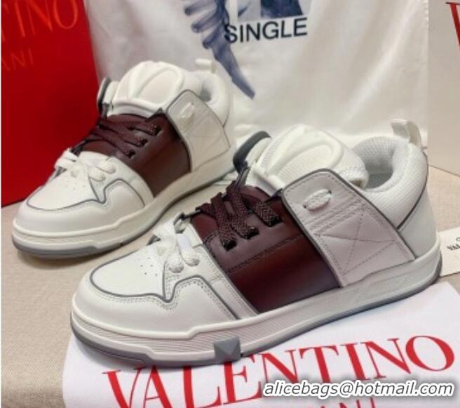 Popular Style Valentino One Stud Calfskin Sneakers with Stripe White/Brown 0622109