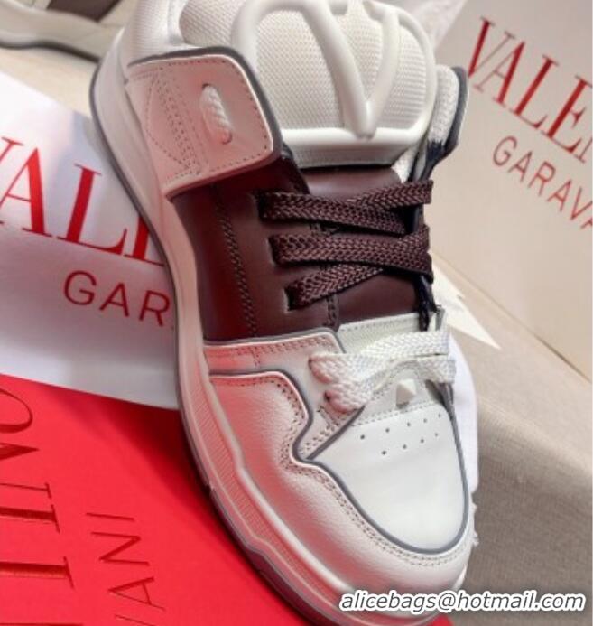 Popular Style Valentino One Stud Calfskin Sneakers with Stripe White/Brown 0622109