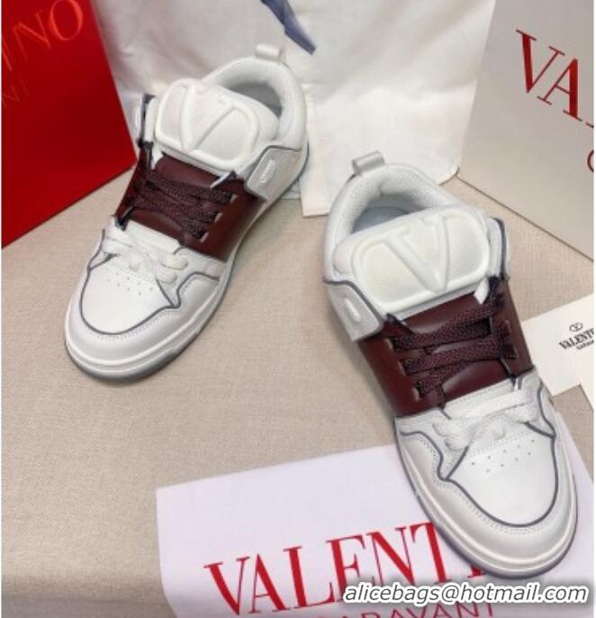 Popular Style Valentino One Stud Calfskin Sneakers with Stripe White/Brown 0622109