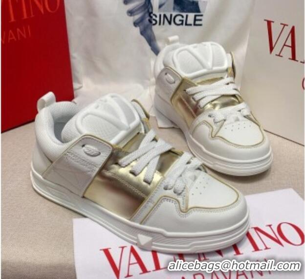 Fashion Valentino One Stud Calfskin Sneakers with Stripe White/Gold 0622110