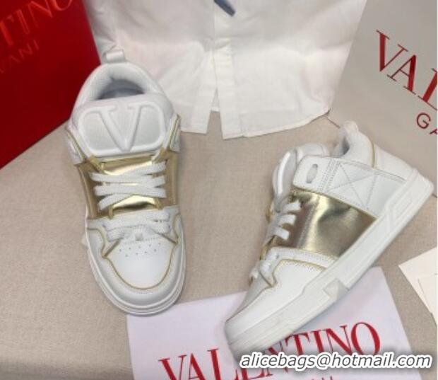 Fashion Valentino One Stud Calfskin Sneakers with Stripe White/Gold 0622110