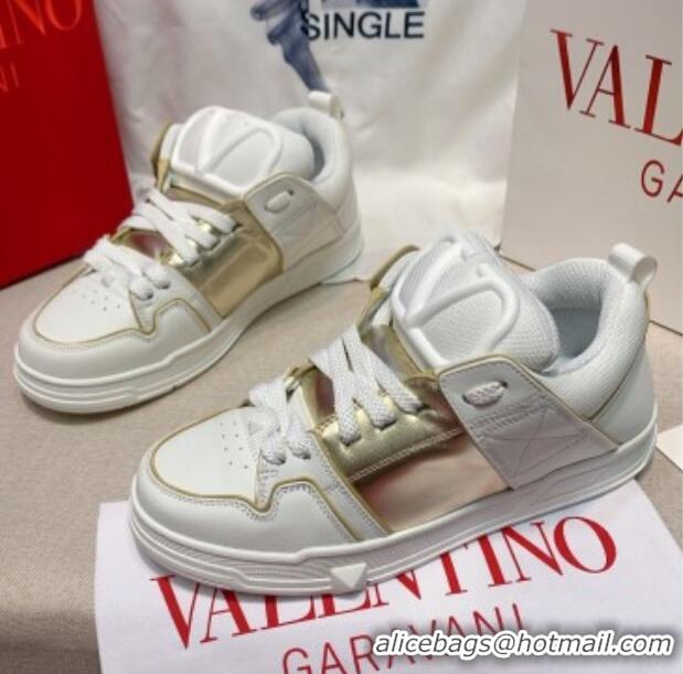 Fashion Valentino One Stud Calfskin Sneakers with Stripe White/Gold 0622110