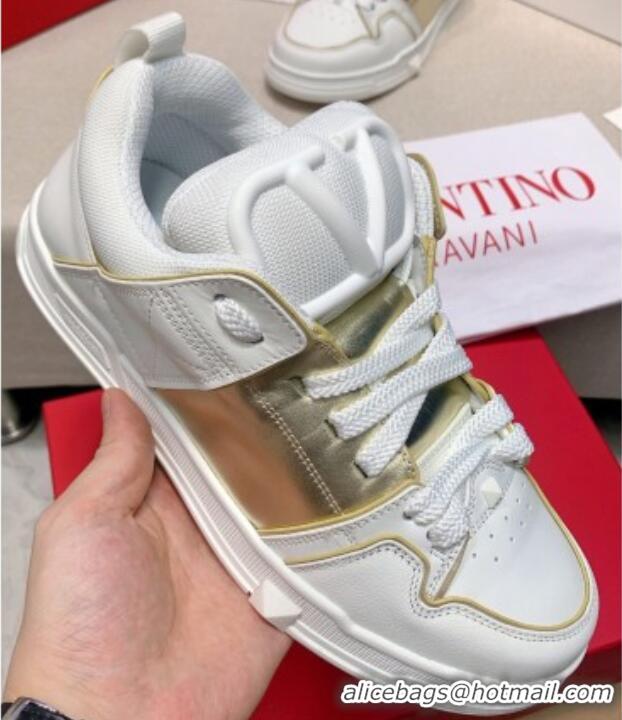 Fashion Valentino One Stud Calfskin Sneakers with Stripe White/Gold 0622110