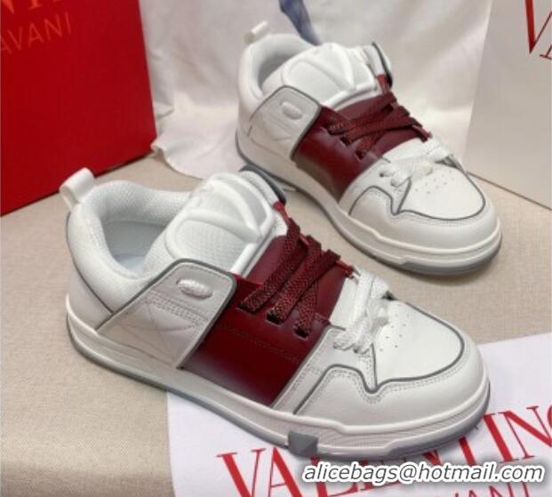 Good Product Valentino One Stud Calfskin Sneakers with Stripe White/Burgundy 0622111