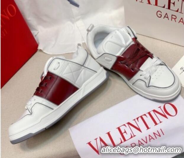 Good Product Valentino One Stud Calfskin Sneakers with Stripe White/Burgundy 0622111