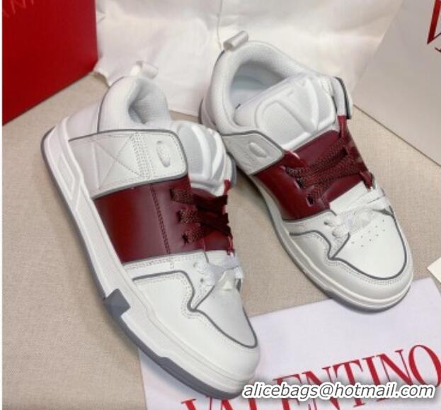 Good Product Valentino One Stud Calfskin Sneakers with Stripe White/Burgundy 0622111