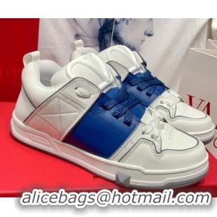 Perfect Valentino One Stud Calfskin Sneakers with Stripe White/Blue 0622113