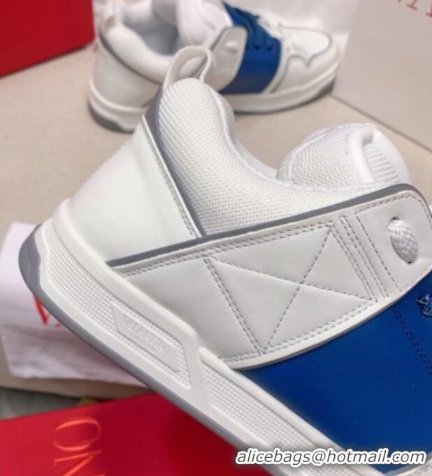 Perfect Valentino One Stud Calfskin Sneakers with Stripe White/Blue 0622113