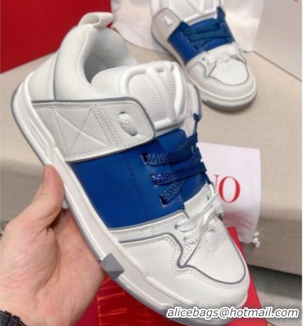 Perfect Valentino One Stud Calfskin Sneakers with Stripe White/Blue 0622113