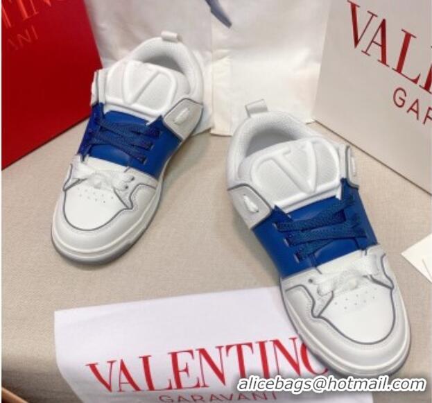 Perfect Valentino One Stud Calfskin Sneakers with Stripe White/Blue 0622113