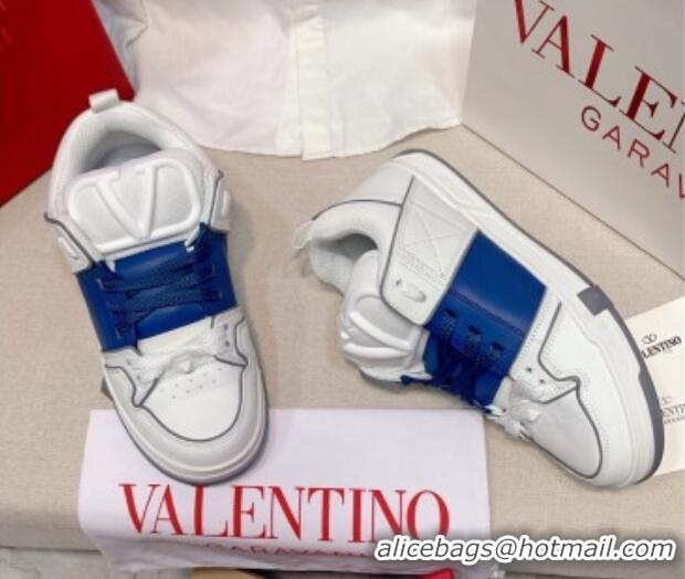 Perfect Valentino One Stud Calfskin Sneakers with Stripe White/Blue 0622113