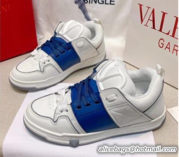 Perfect Valentino One Stud Calfskin Sneakers with Stripe White/Blue 0622113