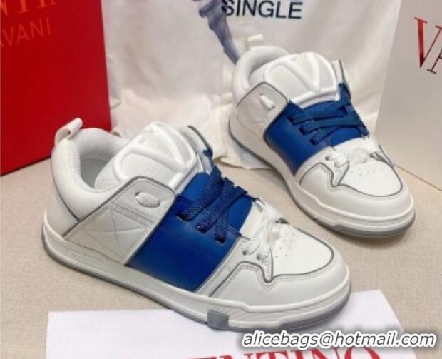 Perfect Valentino One Stud Calfskin Sneakers with Stripe White/Blue 0622113