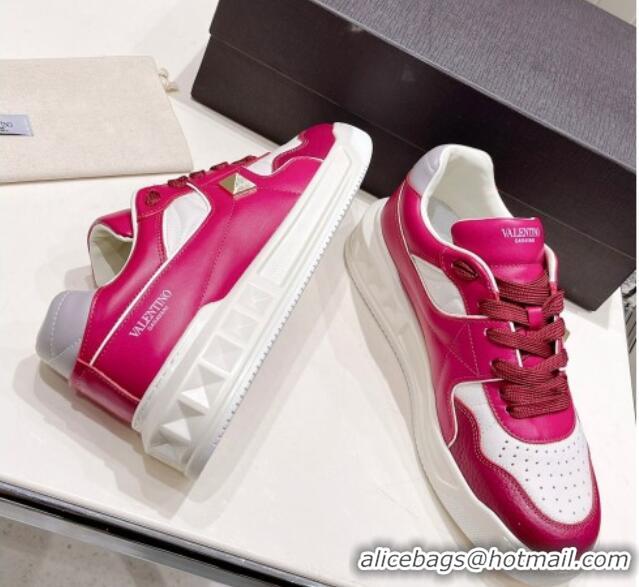 Pretty Style Valentino One Stud Low-Top Nappa Sneakers White/Fuchsia Pink 062516