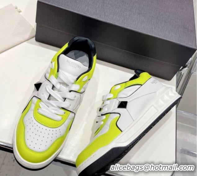 Lower Price Valentino One Stud Low-Top Nappa Sneakers White/Neon Green 062519