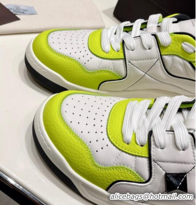 Lower Price Valentino One Stud Low-Top Nappa Sneakers White/Neon Green 062519