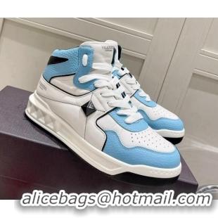 Best Grade Valentino One Stud High-Top Nappa Sneakers White/Blue 062529