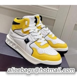 Luxurious Valentino One Stud High-Top Nappa Sneakers White/Yellow 062531