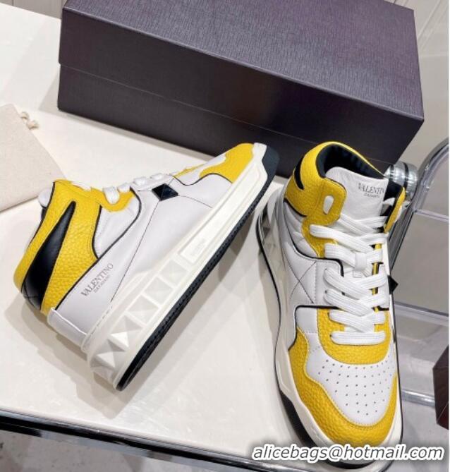 Luxurious Valentino One Stud High-Top Nappa Sneakers White/Yellow 062531