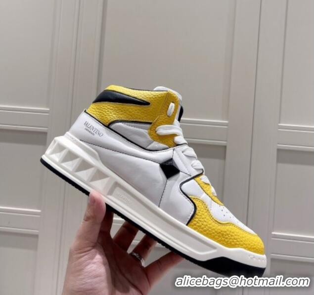 Luxurious Valentino One Stud High-Top Nappa Sneakers White/Yellow 062531