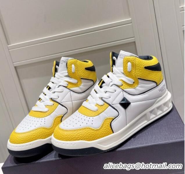 Luxurious Valentino One Stud High-Top Nappa Sneakers White/Yellow 062531