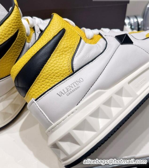 Luxurious Valentino One Stud High-Top Nappa Sneakers White/Yellow 062531