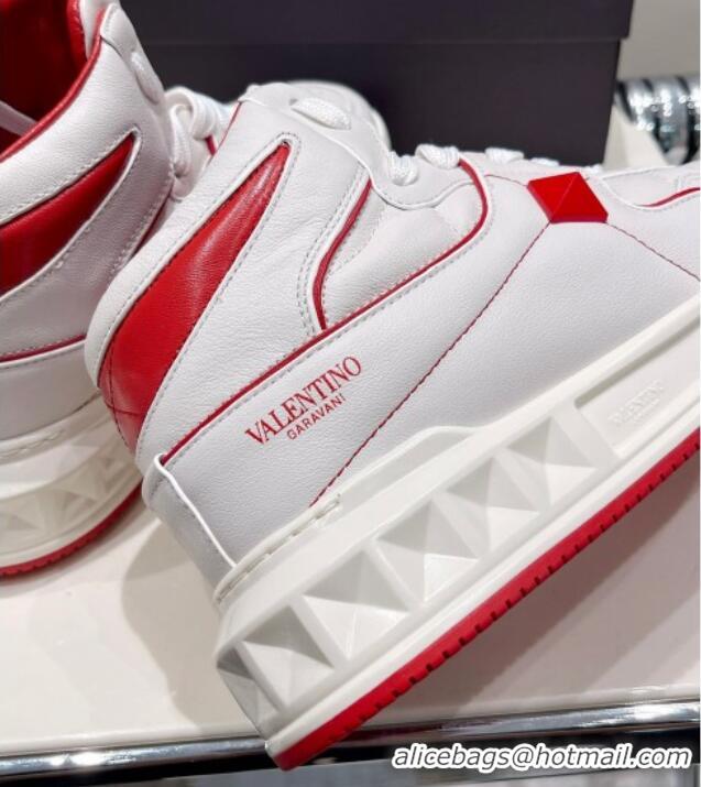 Grade Quality Valentino One Stud High-Top Nappa Sneakers White/Red 062532